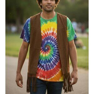 Mens 5-Piece Hippie Costume Set 2X Including Tie-Dye Shirt Vest Headband Afro Wi